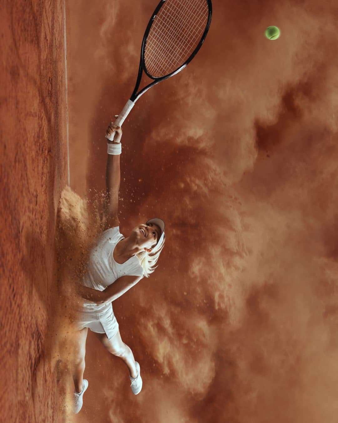 A player mid-serve on a clay court, dust rising