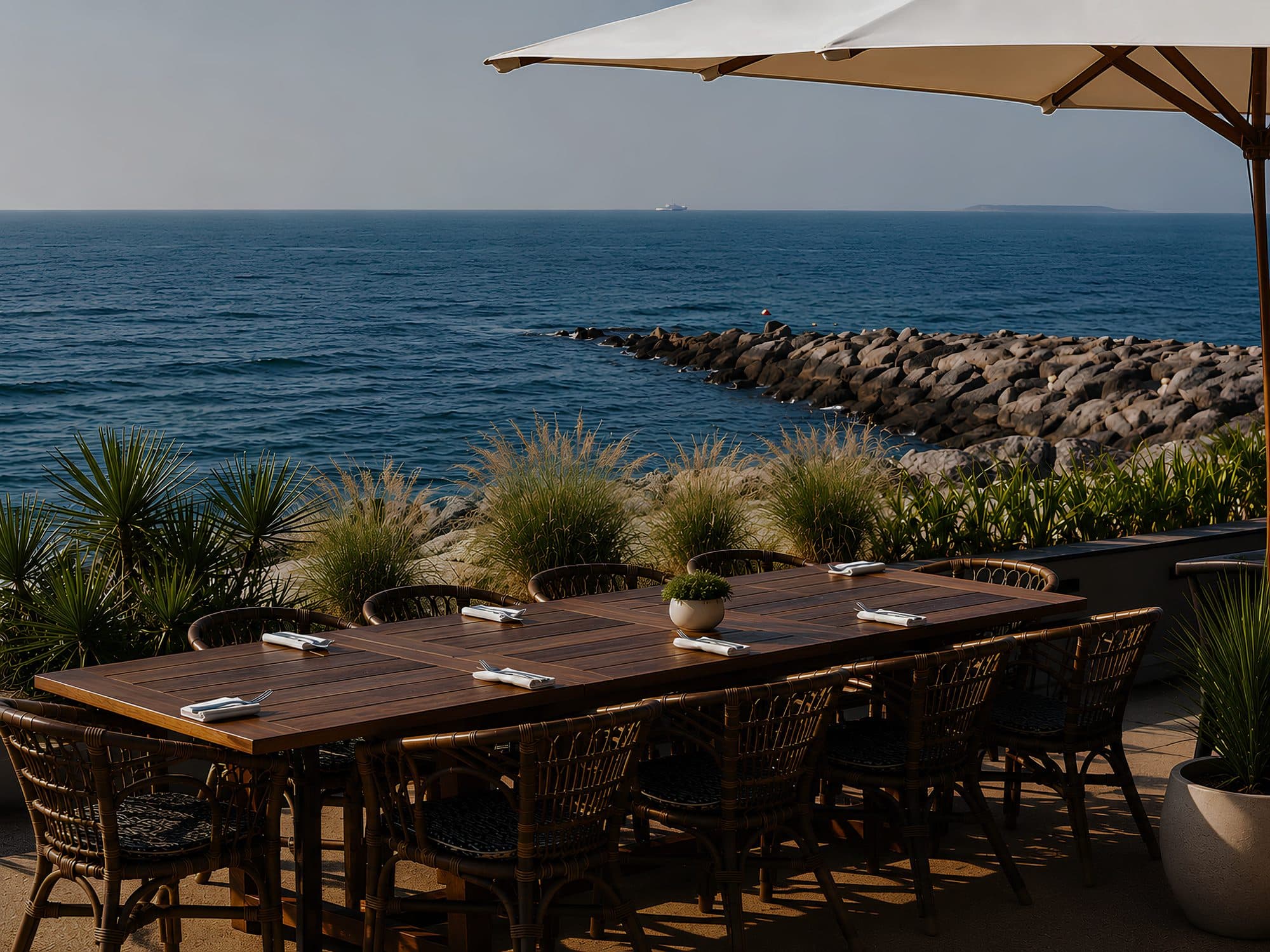 A long wooden table set for dinner on a terrace above the sea at La Cantine Sports Club, Dubai