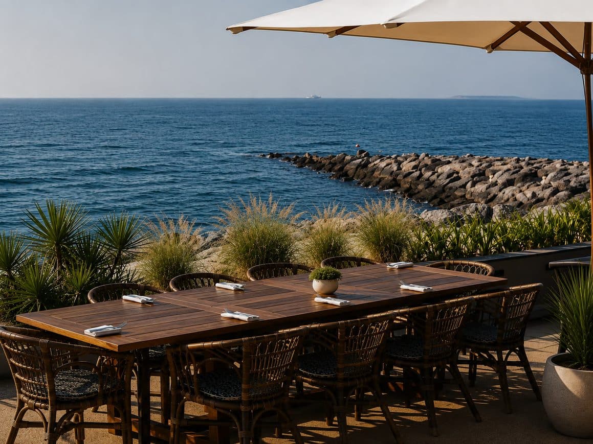 A dining table on the terrace overlooking the rocks and sea